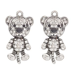 Charm, antique silver-finished "pewter" (zinc-based alloy) and glass, clear and black, 29x17mm single-sided tiger. Sold per pkg of 2.