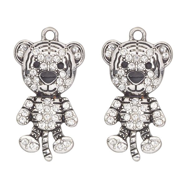Charm, antique silver-finished "pewter" (zinc-based alloy) and glass, clear and black, 29x17mm single-sided tiger. Sold per pkg of 2. image number 0