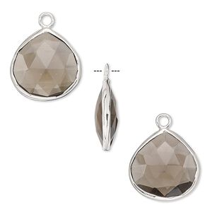 Drop, smoky quartz (heated / irradiated) and sterling silver, 15mm double-sided faceted teardrop. Sold per pkg of 2.