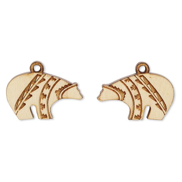 Drop, wood (natural), 23x14mm single-sided left- and right-facing Zuni-style bear. Sold per pkg of 2. image number 0