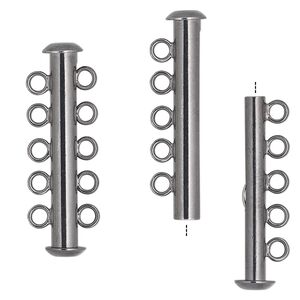 Clasp, 5-strand slide lock, gunmetal-plated brass, 31x6mm tube. Sold per pkg of 10.