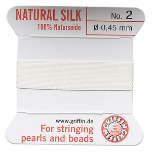 Thread, Griffin, silk, white, size #2. Sold per 2-meter card (approximately 78 inches).