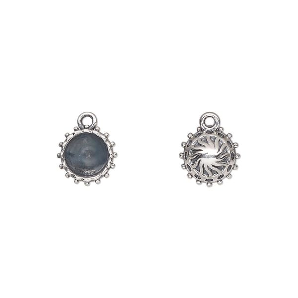 Drop, antiqued sterling silver, 8.5mm round with SS29 setting and decorative design back with beaded rim. Sold individually. image number 0