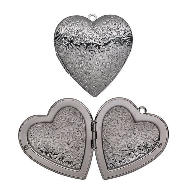 Focal, gunmetal-plated brass, 42x40mm double-sided heart locket with etched flower and scroll design. Sold individually. image number 0