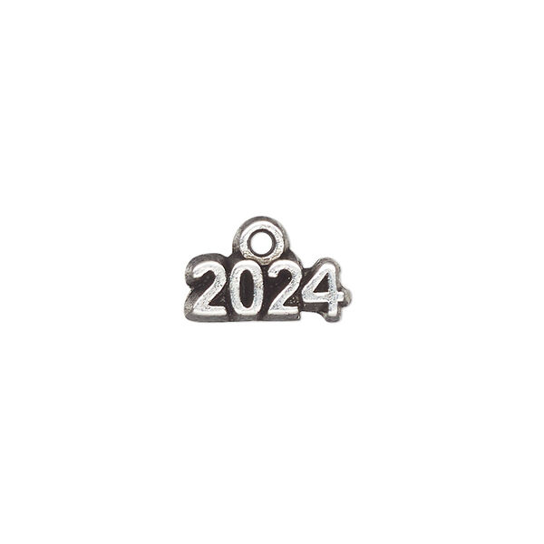 Charm, antique silver-plated "pewter" (tin-based alloy), 13x5mm single-sided "2024". Sold per pkg of 2. image number 0