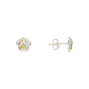 Earstud sterling silver / Preciosa crystal 1pkg2, 7.5x6.5mm paw / earnuts included, Create Compliments® multicolored 1 pair