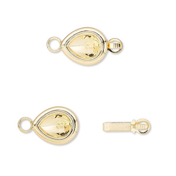 Clasp, Almost Instant Jewelry®, tab, gold-plated brass, 12x10mm teardrop with 8x6mm pear setting. Sold per pkg of 4. image number 0