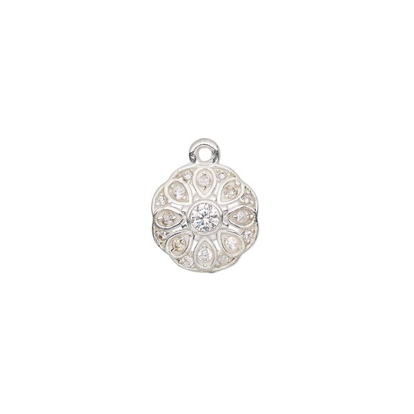 Drop, silver-plated brass and cubic zirconia, clear, 11.5mm flower. Sold individually. image number 0