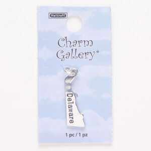 Charm, steel and enamel, pkg/1, silver finish and black, 25x9mm with "Delaware."