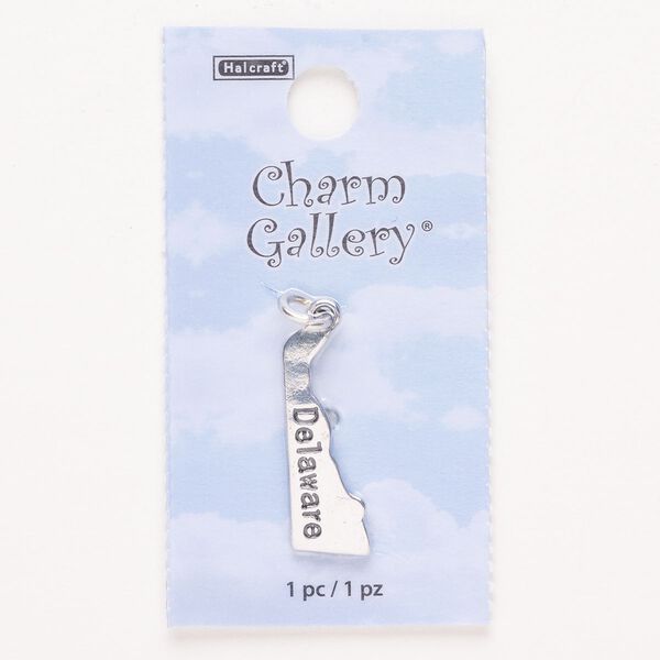 Charm, steel and enamel, pkg/1, silver finish and black, 25x9mm with "Delaware." image number 0