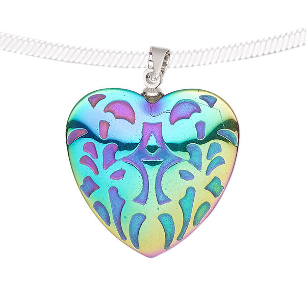 Pendant, electroplated Hemalyke™ (man-made) and silver-finished brass, rainbow, 25mm two-sided puffed heart with fancy design. Sold individually. image number 0