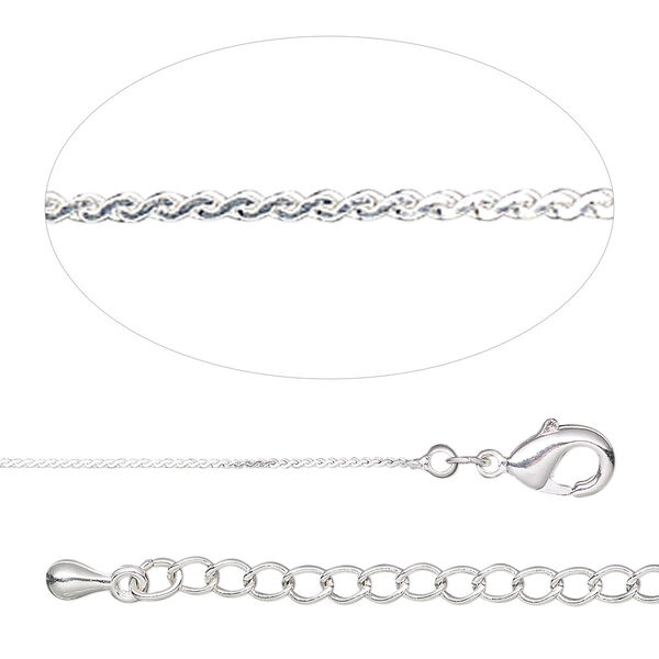 Chain, silver plate brass, 0.4mm serpentine, 18 inches with 2-inch extender chain and lobster claw clasp. Sold individually. image number 0