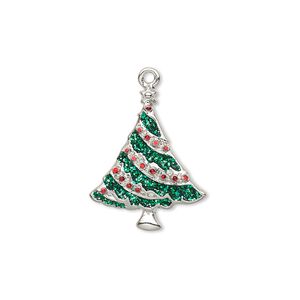 Charm, enamel and silver-plated "pewter" (zinc-based alloy), red and green with glitter, 21x17mm single-sided Christmas tree. Sold individually.