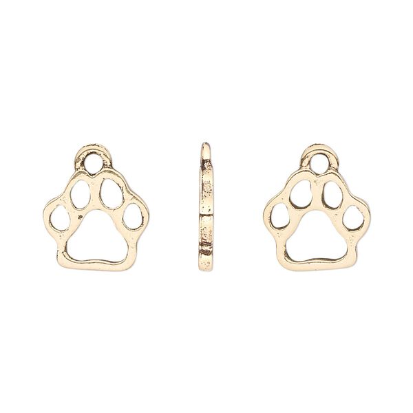 Charm, pewter (tin-based alloy), pkg/1, antique gold plate, 13.5x11mm double-sided open paw print. image number 0