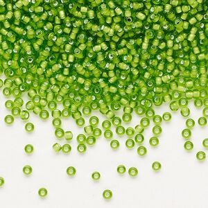 Seed bead, Preciosa Ornela, glass, transparent chalkwhite-lined lime green, #11 rocaille. Sold per 500-gram pkg.