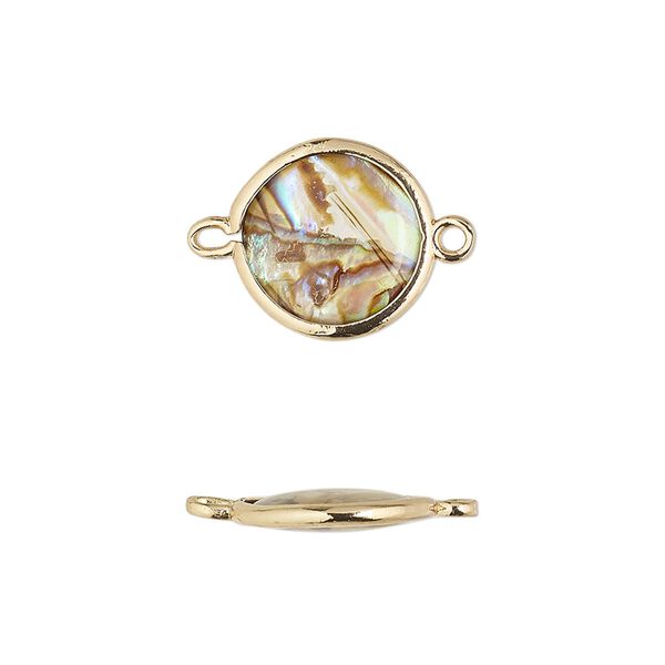 Link, paua shell and gold-finished brass (assembled), 12.5-13.5mm double-sided round. Sold per pkg of 4. image number 0