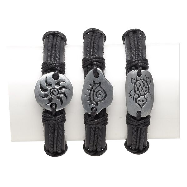 Bracelet mix, leather (dyed) / waxed cotton cord / pewter (tin-based alloy), black, 17-24mm mixed shape, adjustable from 6-8 inches with knot closure. Sold per pkg of 3. image number 0