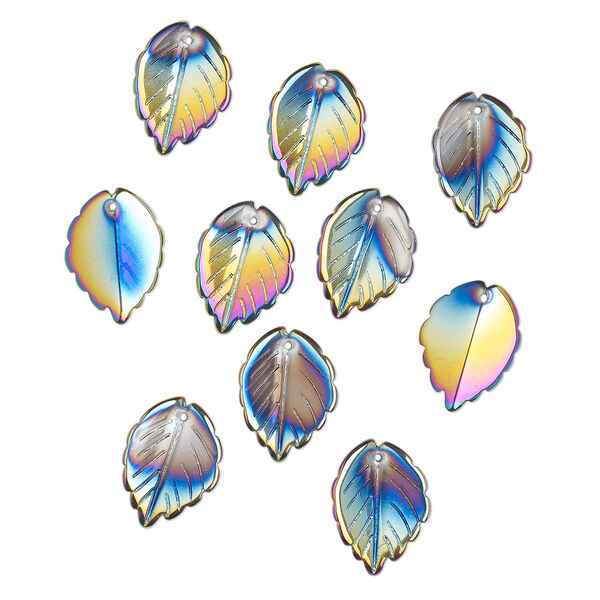 Drop, pressed glass, opaque iris multicolored, 24 x 17mm pressed leaf, top-drilled. top-drilled. Sold per pkg of 10. image number 0