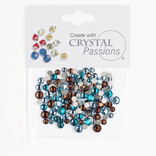 Flat back mix 1pkg144 aquamarine / blue zircon / smoked topaz foil back, Crystal Passions&reg; rhinestone 3.00-4.80mm round SS12 image number 0
