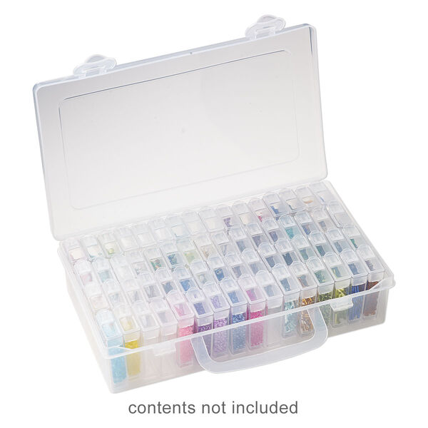 Organizer, acrylic, clear and white, 9 x 6-1/4 x 2 inches with (64) 45x25x11mm rectangle boxes and snap top. Sold per 65-piece set. image number 0
