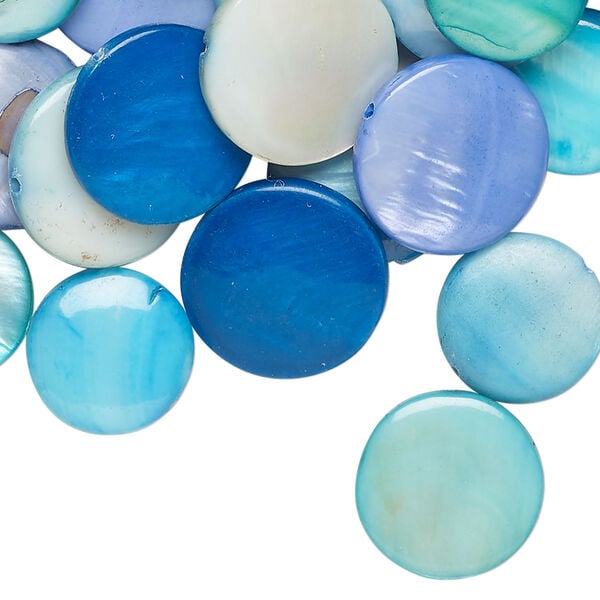 Mother-of-pearl shell 1pkg4oz, puffed flat round bead mix multi-blue 13-16mm image number 0