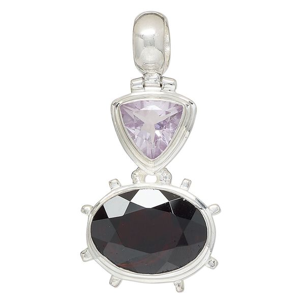 Pendant, lavender amethyst (natural) / garnet (natural) / sterling silver, 38x27mm oval and triangle. Sold individually. image number 0