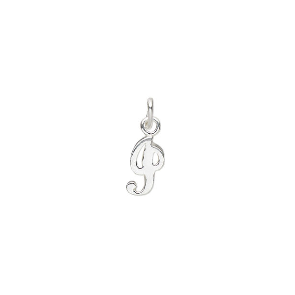 Charm, sterling silver, 9x5mm Champagne cursive alphabet letter "I." Sold individually. image number 0