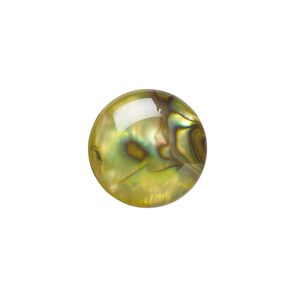 Cabochon, paua shell (coated / dyed), gold, 15mm calibrated round, Mohs hardness 3-1/2. Sold per pkg of 4.