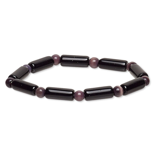 Bracelet, stretch, glass and cat's eye glass, opaque purple and black, 5-6mm round and 14x5mm-15x6mm round tube, 6 inches. Sold individually. image number 0