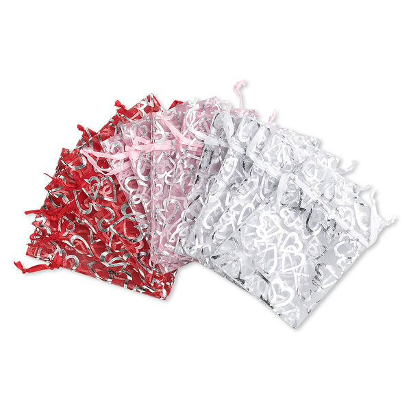Pouch, organza, red / white / pink, 4-1/2 x 3 inches with metallic silver heart pattern and drawstring closure. Sold per pkg of 12. image number 0