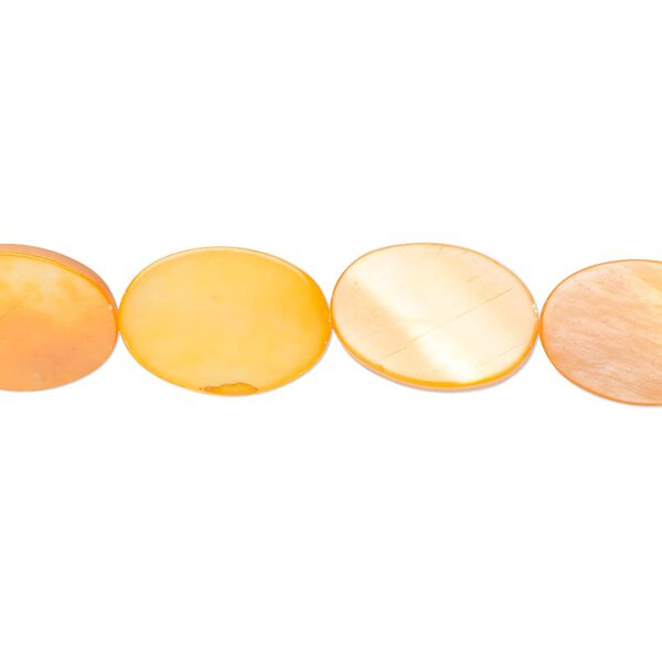 Bead, mother-of-pearl shell (dyed), orange, 14x10mm flat oval with 0.8-1mm hole, Mohs hardness 3-1/2. Sold per 15-inch strand. image number 0