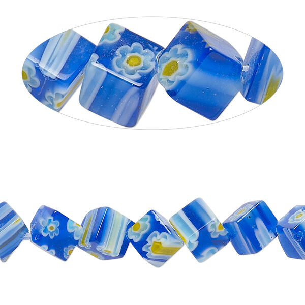 Bead, millefiori glass, translucent blue and multicolored, 8x5-9x7mm diagonally-drilled with flower and stripe design. Sold per 16-inch strand. image number 0