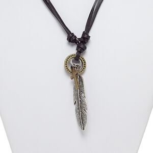 Necklace, leather (dyed) / antique silver- / brass-plated steel / "pewter" (zinc-based alloy), black, 2-3/4 inch dangle with 20mm ring / 26x11mm cross / 57x14mm feather, adjustable from 16-32 inches with knot closure. Sold individually.