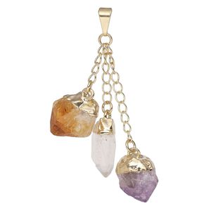 Pendant, Everyday Jewelry, gold-plated brass and multi-gemstone (natural/heated), (3) 49-51mm dangling points. Sold individually.