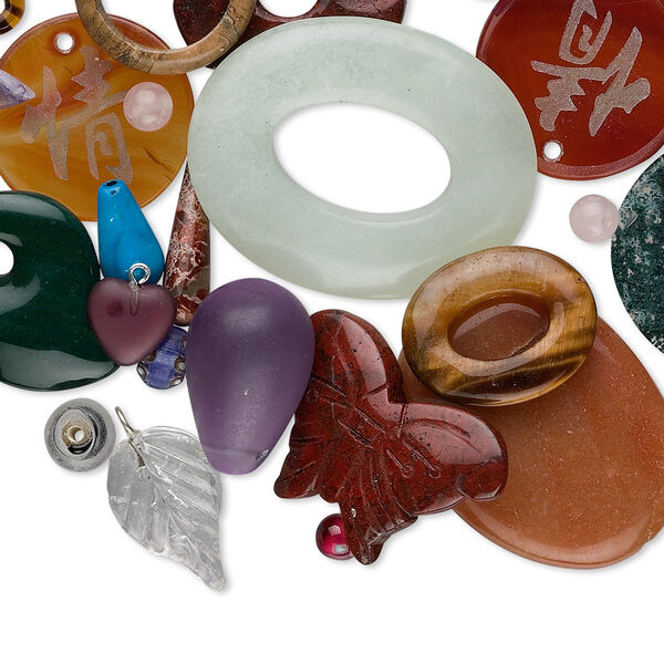 Bead and component mix, grab bag, gemstone (natural / dyed / manmade) and glass, mixed colors, 3-50mm mixed shapes, C grade. Sold per 1/4 kilogram pkg, approximately 25-250 components. image number 0