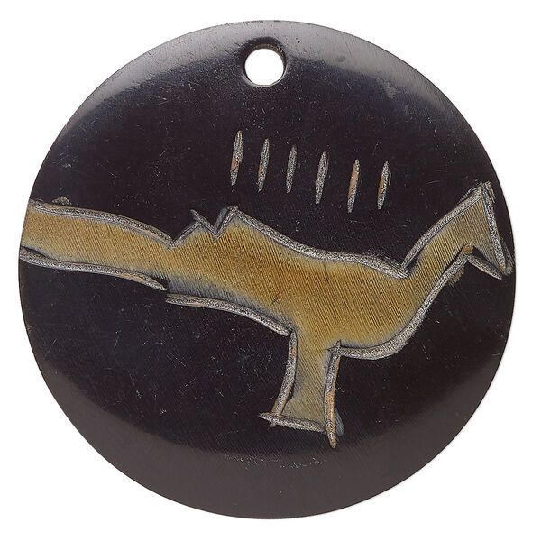 Focal, horn (dyed), black and brown with bird design, 49mm round. Sold individually. image number 0