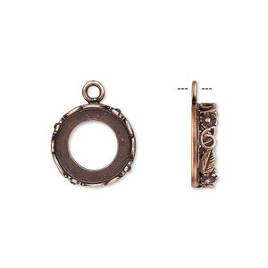 Drop, JBB Findings, antique copper-plated brass, 14mm round with open back and flower and leaf design trim, 12mm round bezel setting. Sold per pkg of 2.