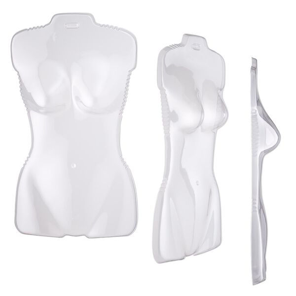 Display, acrylic, clear, 27 x 16 x 4-inch women's half torso with hanging tab. Sold per pkg of 3. image number 0