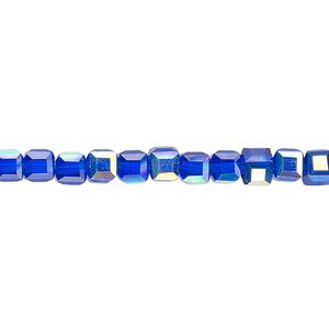 Bead 1pk 18 facets translucent cobalt blue AB, Celestial Crystal® 4mm cube 15.5-16 inch