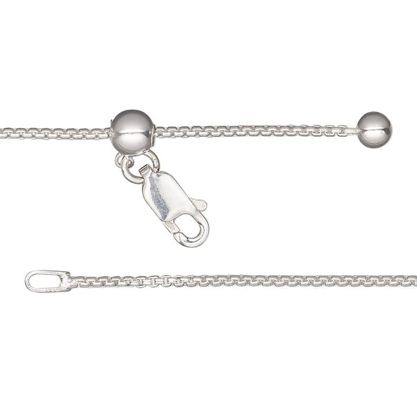 Chain, Gossamer™, sterling silver and silicone, 1.2mm box with 4mm ball and 5mm adjustable slider bead, adjustable from 16 to 24 inches with lobster claw clasp. Sold individually. image number 0