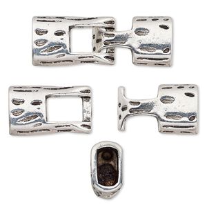 Clasp, hook, antique silver-plated "pewter" (zinc-based alloy), 39x14mm textured with glue-in ends, 10x5.5mm hole. Sold individually.