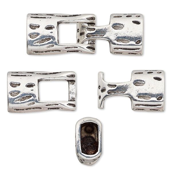 Clasp, hook, antique silver-plated "pewter" (zinc-based alloy), 39x14mm textured with glue-in ends, 10x5.5mm hole. Sold individually. image number 0