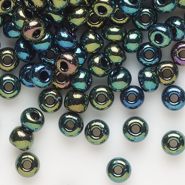Seed bead, Preciosa Ornela, glass, opaque green iris black, #2 rocaille. Sold per 500-gram pkg. image number 0
