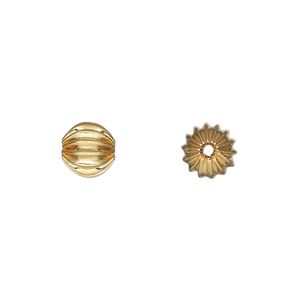 Bead, gold-plated brass, 7.5mm corrugated round. Sold per pkg of 12.