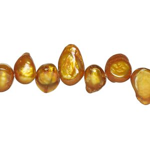 Pearl, cultured freshwater (dyed), gold, 7x6mm-12x7mm baroque with 0.4mm hole, D grade, Mohs hardness 2-1/2 to 4. Sold per 15-inch strand.