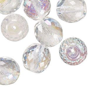 Czech fire-polished glass 1pkg30, faceted round bead translucent clear AB 14mm