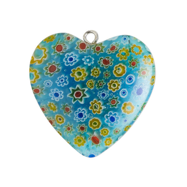 Focal 1pkg1, silver-finished steel / millefiori glass, translucent white / multicolored, 29-31mm puffed heart. image number 0