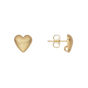 Earstud 1pkg10 gold-plated, 9mm half-dome heart / hidden open loop / earnuts, brass / stardust 5 pair