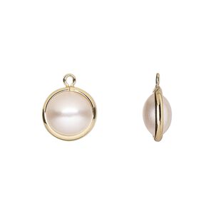 Drop, acrylic pearl and gold-finished brass, cream, 11.5mm double-sided round. Sold per pkg of 10.