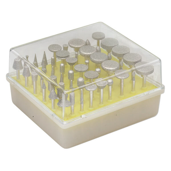 Burr set, plastic diamond-coated steel, white and yellow, 1-3/4 x 1/8 inch assorted shanks with 1-16mm wide tips in 4 x 3-1/2 x 2 inch case. Sold per 50-piece set. image number 0